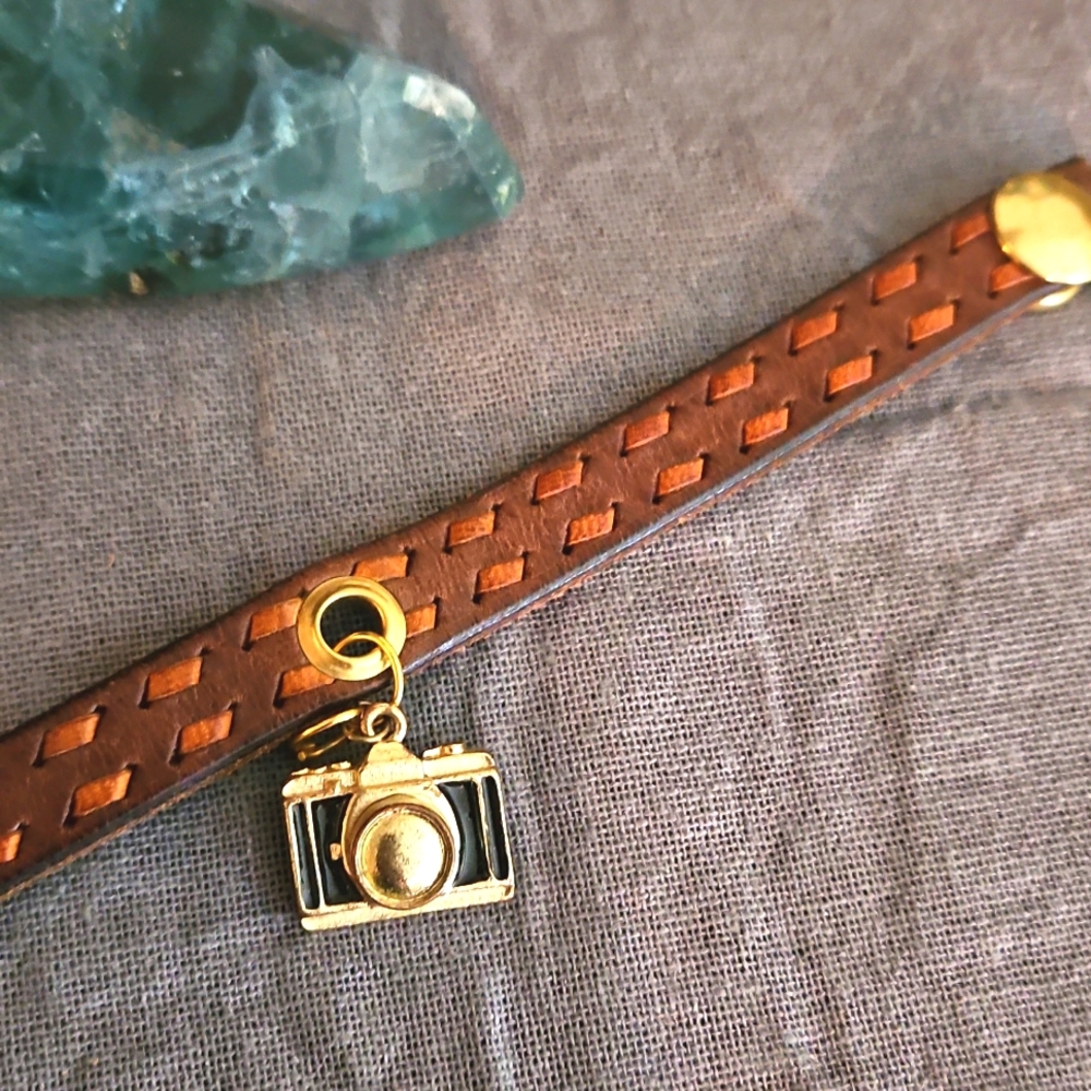 Leather cuff bracelet w camera charm photography 7.75" wrist NWT ooak